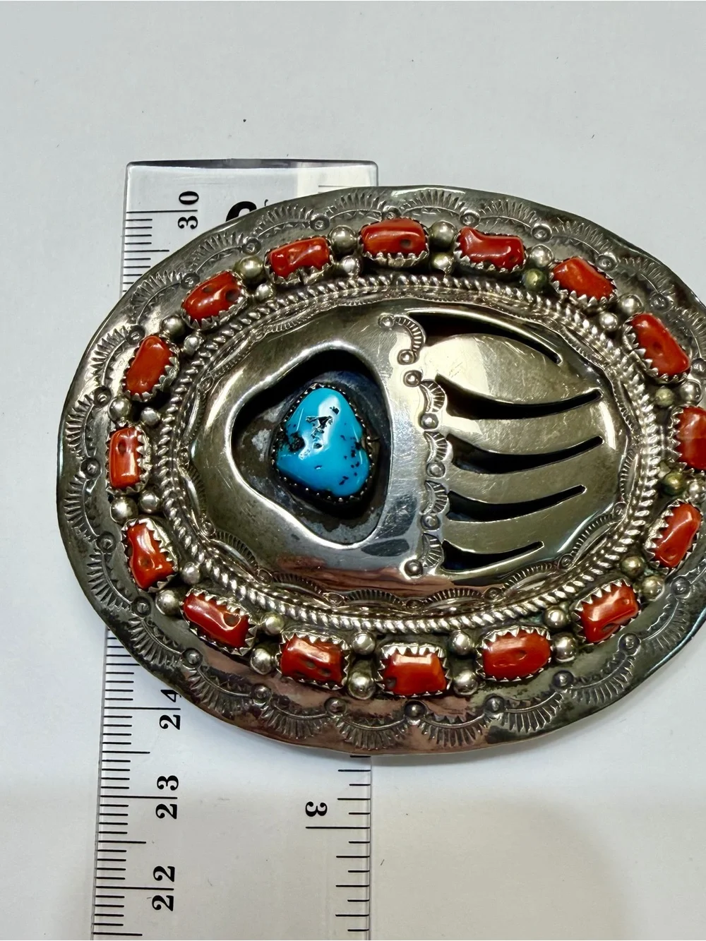 Wilbur Musket Sterling Silver Bear Paw Belt Buckle with Turquoise & Coral Accent